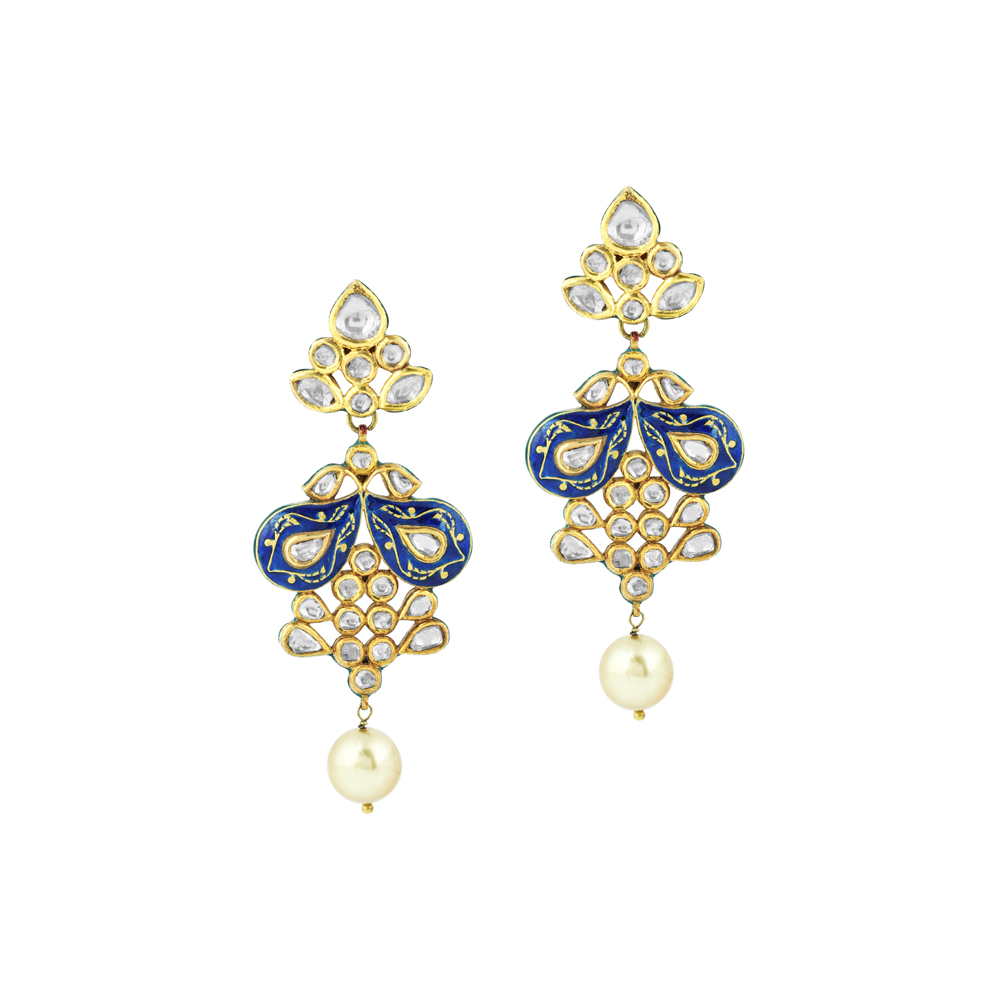 Polki Earrings with Blue Enamel and Pearl Drop